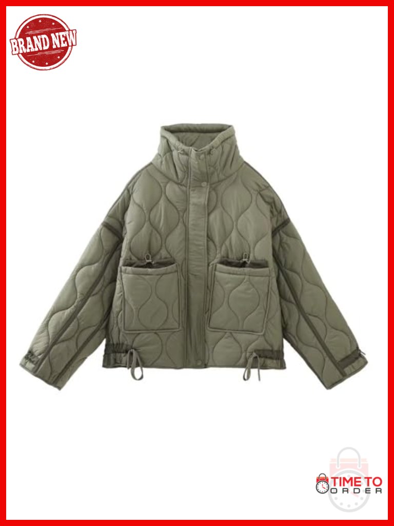 Quilted Puffer Jacket Stand Collar Zip Up Padded Down Jacket With Pocket